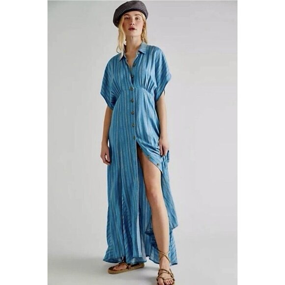 Free People Women Rowan Striped Blue Button Front Maxi Dress Small  $128 - Picture 2 of 10